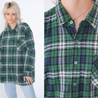 Green Plaid Shirt 90s Flannel Shirt Button up Retro Grunge Lumberjack Long Sleeve Navy Blue Top Oxford Cotton Vintage 1990s Extra Large xl 