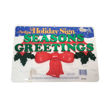 1990s Vintage Seasons Greetings Holiday Sign, NOS 1992 Art Line Christmas Holly & Bow Decoration, Door Wall Hanging, Seasonal Decor 