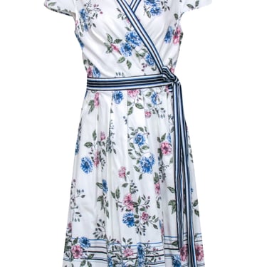 Gal Meets Glam - White &amp; Navy w/Floral Print a short Sleeve Wrap Dress Sz 14