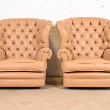 Vintage Tufted Leather Chesterfield Wingback Lounge Chairs, Pair