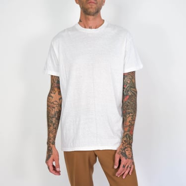 Vintage 70s Hanes Blank White Single Stitch Tee | Made in USA | DEADSTOCK | Size XL | 1970s Paper Thin, Marbled, Cap Greaser, Rocker T-Shirt 