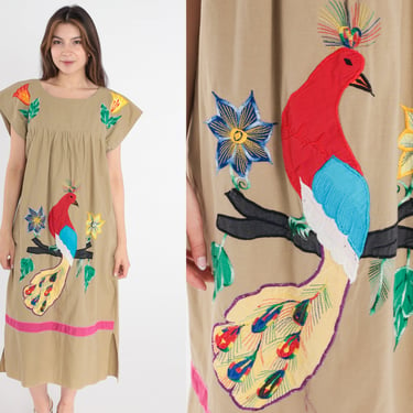 80s Caftan Dress Embroidered Peacock Bird Dress Tent Tropical Floral Midi Short Sleeve Boho Festival Hippie Bohemian Kaftan Khaki Medium 