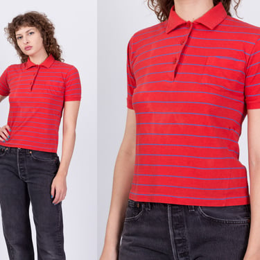 80s Red Striped Polo Shirt - Small | Vintage Short Sleeve Collared Crop Top 