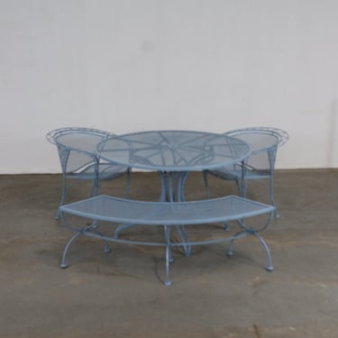Mid-Century Modern Outdoor Iron Table Set With Curved Back Bench and 2 Chairs 
