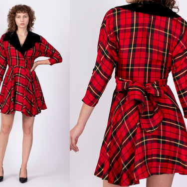80s Red Plaid Mini Wrap Dress - Extra Small | Vintage Velvet Notched Collar Party Dress 