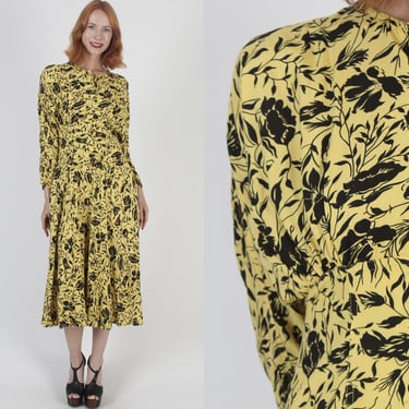 Floral Print India Dress Button Up Summer Midi Frock Vintage 70s Batwing Full Skirt Dress 