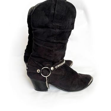 Vintage 1980’s Black Suede Leather Western Cowboy Boots Womens, size 6.5, DINGO, Heavy Metal Hair Band, Cuban Heels Hippie Boho 