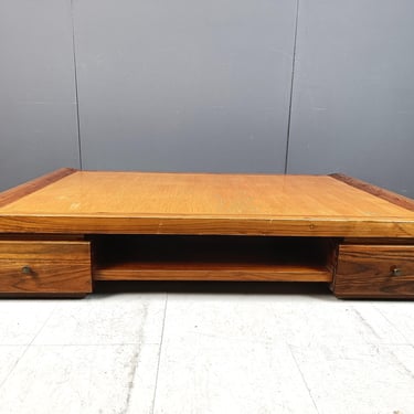 XL Vintage wooden and bamboo coffee table, 1970s  - vintage coffee table - bohemian coffee table 