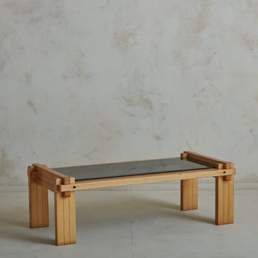 Brutalist Wood Coffee Table with Fumè Glass Top