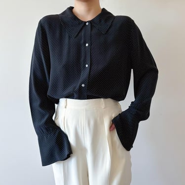 vintage silk shirt silk blouse silk top 90s retro style button down minimalist capsule wardrobe polka dot black size M/L 