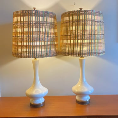 Pair of White Craquelle Lamps w/ Killer Woven Shades