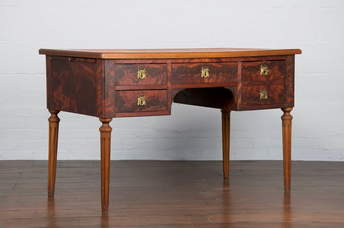 19th Century French Louis XVI Style Provincial Mahogany Writing Desk W/ Red Leather Top 