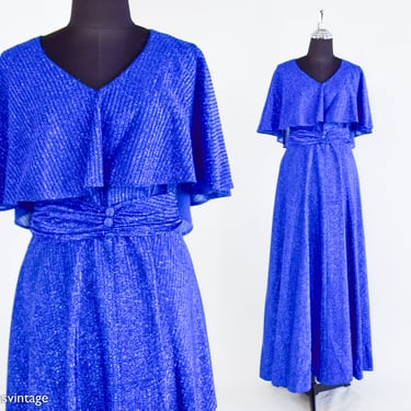 1970s Metallic Blue Flutter Sleeve Evening Dress | 70s Electric Blue Metallic Maxi Dress | Medium 