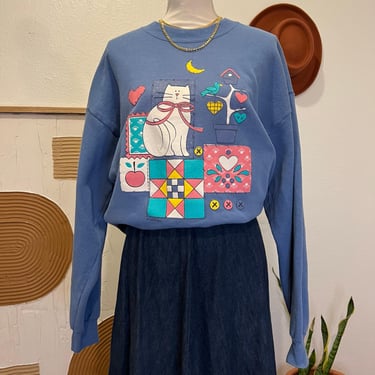 Vintage 90s Blue Soft Cotton Blend USA Made Granny Cottage Graphic Sweatshirt XL 