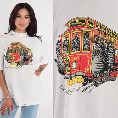 Kliban Cat Shirt 90s San Francisco T-Shirt Cable Car Cartoon Graphic Tee California Front Back TShirt White Vintage 1990s Crazy Shirts XL 