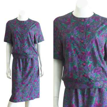 1980s Purple Floral Skirt and Blouse Set 