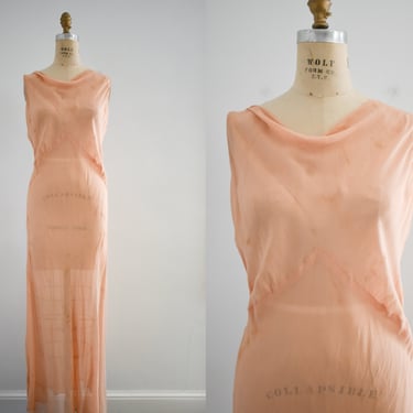 1930s NRA Label Peach Silk Chiffon Bias Dress 