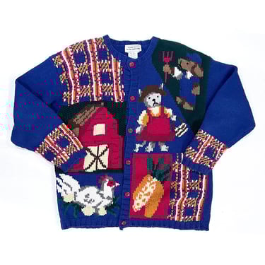 EAGLES EYE SWEATER, Vintage Womens Oversized Cotton Cardigan, Alexandra Bartlett Farm Themed Patchwork Cardigan, Garden Scene on Back 