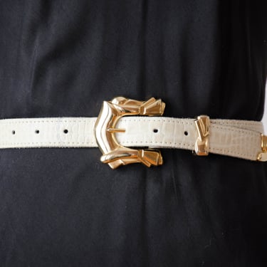 white leather belt | 80s 90s vintage cream dark academia style alligator statement belt 