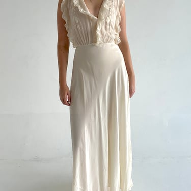 1930's White Silk Dress with Embroidery and Ruffle