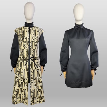 1960s Mod Dress /1960s Mod Black Mini Dress and Vest / Black Mini Dress / Deco Print / Size Large 