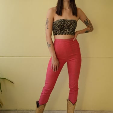 1950s Jeans / Cigarette Pants / High Waist Salmon Pink Jeans  /  Fifties Rockabilly Jeans / Cropped Dungarees / Stretchy Jeans 
