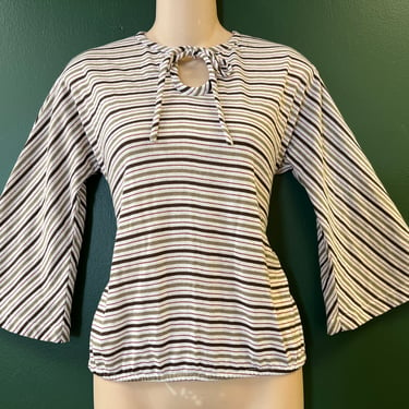 1970s striped tunic earthy bell sleeve blouse medium 