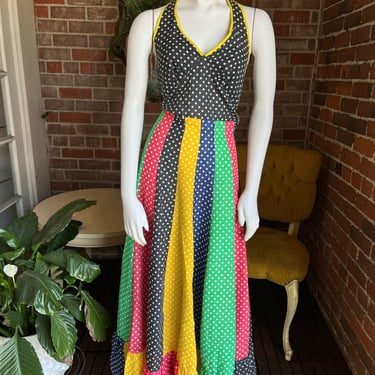 1970s Rainbow Polka Dot Maxi Halter Dress