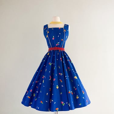 1980's Blue Sabino Floral Print Dress  / W 30"