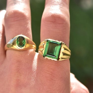 Vintage 14K Gold Emerald Signet Ring, Emerald-Cut Simulated Emerald Gemstone, Art Deco Men's Ring, 585 Unisex Jewelry, Size 11 1/2 US 