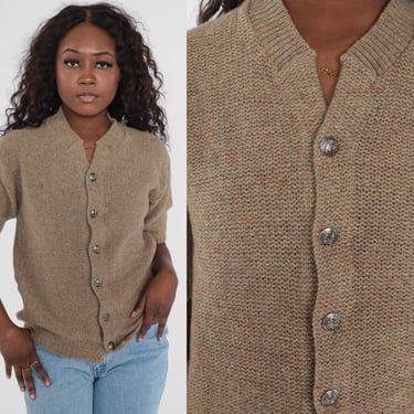 60s Sweater Top Brown Wool Cardigan Short Sleeve Cardigan Button Up Knit Shirt Preppy Sixties Vintage 1960s Knitwear Medium Large 