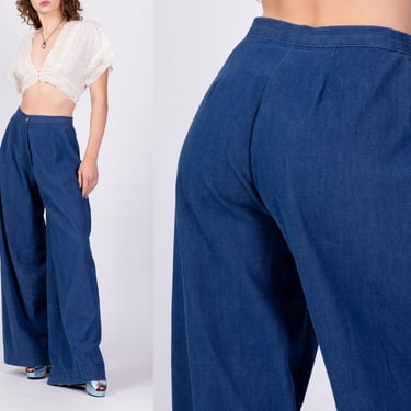 70s Wide Leg Chambray Trousers - Medium, 28" | Vintage High Waisted Dark Wash Blue Cotton Denim Pants 