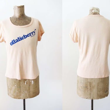 Vintage 70s Olallieberry Solvang Womens Babydoll Shirt M - 1970s Peach Blue Berry Fruit Spell Out Fitted T Shirt - Central Coast California 