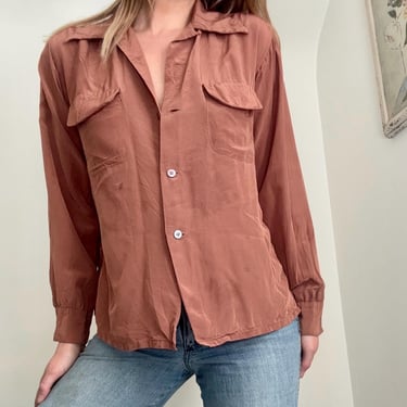 Vintage 50s Campus Loop Collar Button Down Terracotta Clay Shirt Top Small Medium by TimeBa