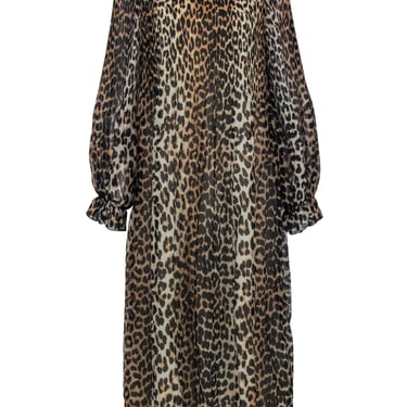 Ganni - Brown &amp; Black Leopard Print Pleated Maxi Dress Sz M