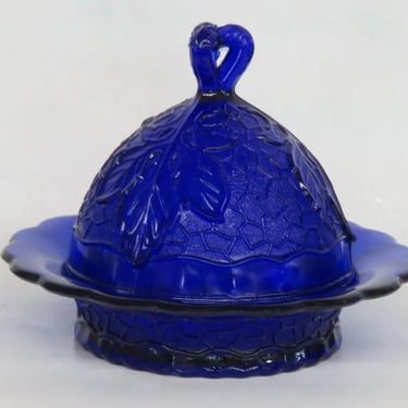 LG Wright Cobalt Blue Glass Covered Dome Lid Butter Cheese Dish Leaves 3122B