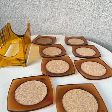 Vintage MCM Coasters Set 8 Amber Marble Swirl Acrylic Plastic Holder 