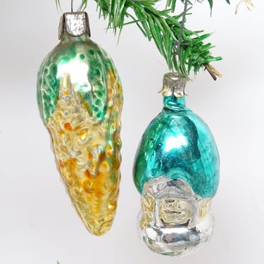 2 Antique German Mercury Glass Christmas Tree Ornaments,  Corn on Cob and Christmas House, Vintage  GERMANY 