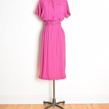 vintage 80s does 40s dress fuchsia polka dot print secretary midi swing XS S clothing 