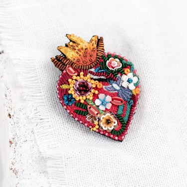 Flaming Heart Embroidered Pin