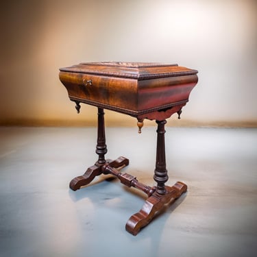 Burl Walnut Sewing Table with Mirror and Compartments / Victorian Vanity Table / Louis Philippe Style / 1850s Work Table 