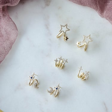 gold north star celestial earrings, small dainty moon starburst 18k gold huggie hoops, gold ear climber cuffs, modern gift for her 