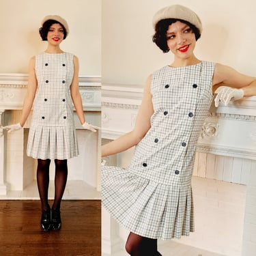 1960s Mod Dress Summer Style White Windowpane Plaid Stacy Ames / 60s Drop Waist Sleeveless Dress Pleated Skirt / M 