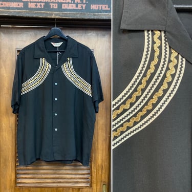 Vintage 1950’s Size XL Black Rayon Rockabilly Shirt with Original Rick Rack Detail, 50’s Loop Collar Shirt, Vintage Clothing 