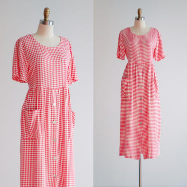 pink plaid dress 90s vintage coral white gingham oversized midi dress 