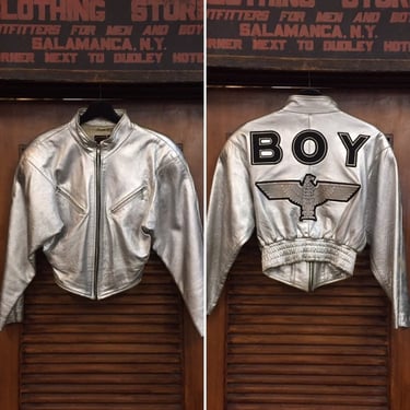 Vintage 1980’s “Boy London” Silver Cropped Leather Jacket, Shoulder Pads, Metallic Jacket, Vintage Patches, Vintage Clothing 