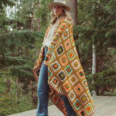 60s 70s Granny Square Blanket, Vintage Afghan Blanket Sweater, Hippie Hand Crochet Shawl Wrap, Festival Blanket, Gypsy Bohemian Decor 
