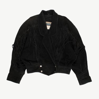 80s black suede fringed jacket, cropped leather festival jacket, womens vintage suede jacket - Medium 