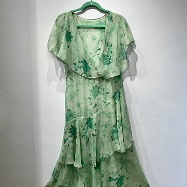 1920's Sheer Silk Georgette Dress - Light Green Floral - Gatsby Garden Dress - Flouncy Asymmetrical Cut Skirt - Size Small 