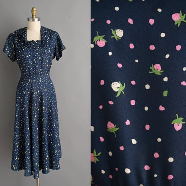 vintage 1950s Dress | Strawberry Print Navy Blue Silk Rayon Dress | Large 